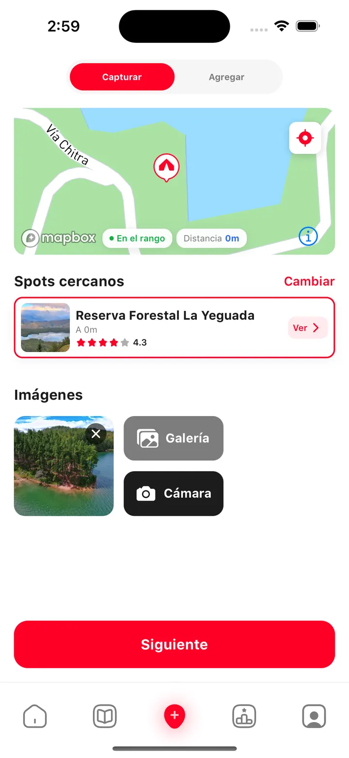 Tripsi capture screen showing nearby spots, map range, and photo upload
