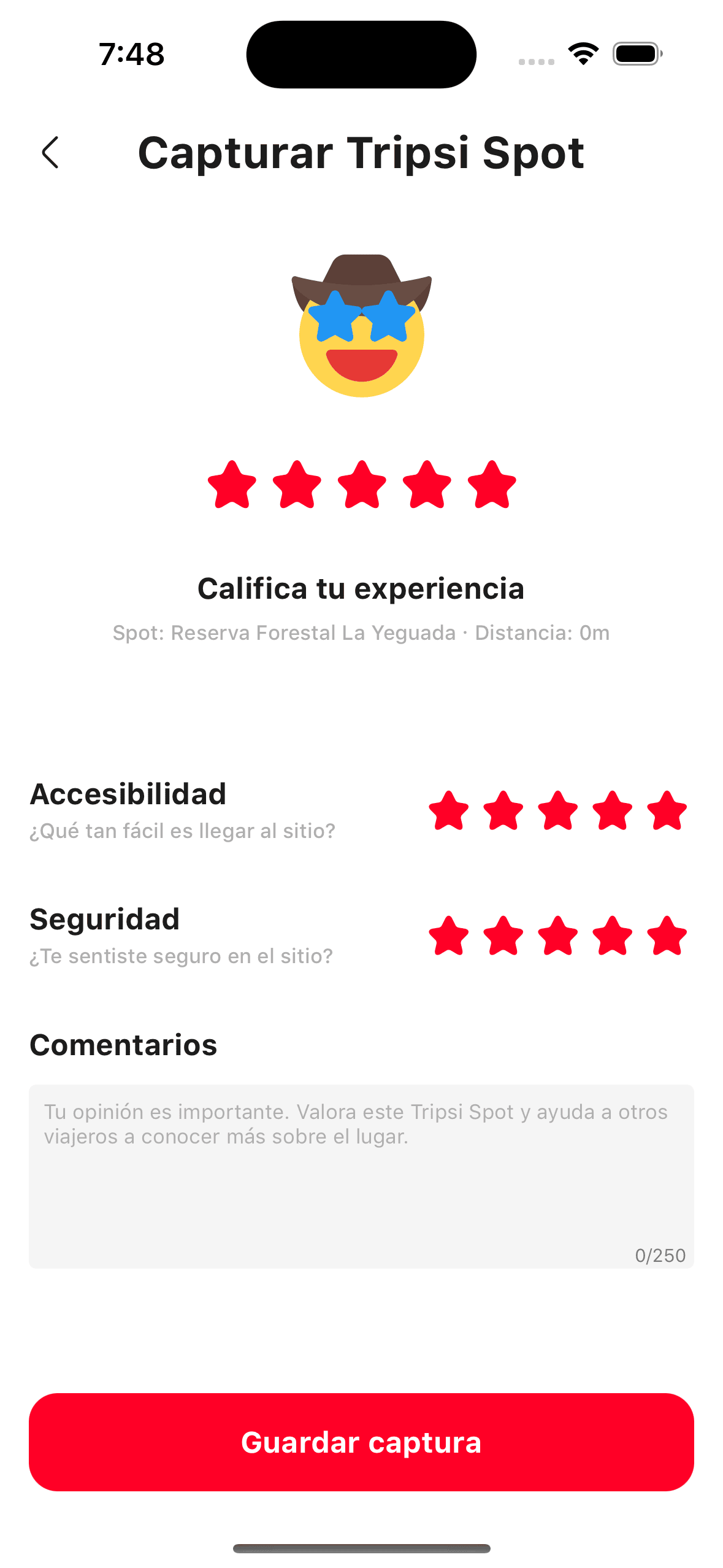 Tripsi review screen with star ratings for experience, accessibility, and safety
