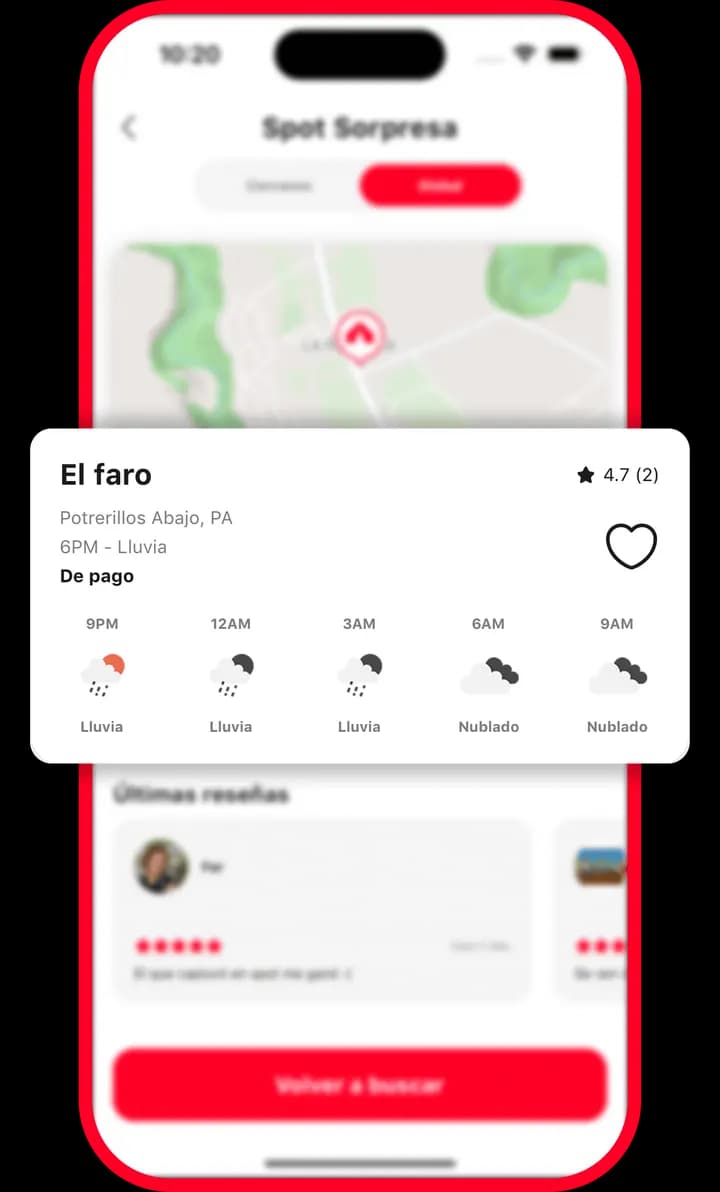Tripsi spot card showing hourly weather forecast for El faro
